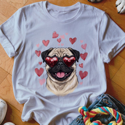 White t-shirt featuring an illustration of a pug wearing heart-shaped sunglasses, surrounded by pink hearts.