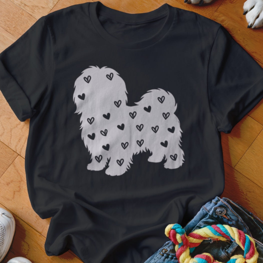 Black t-shirt with a white dog silhouette filled with small black hearts.