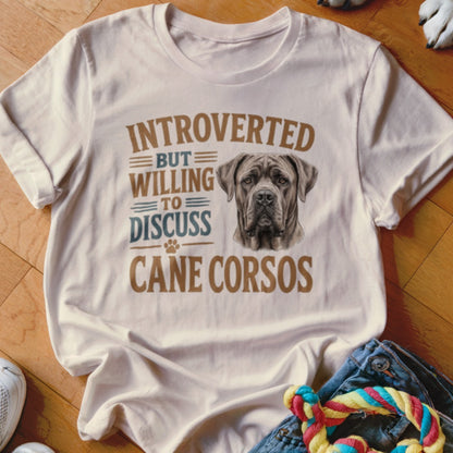 White t-shirt with "Introverted But Willing to Discuss Cane Corsos" text and dog portrait.