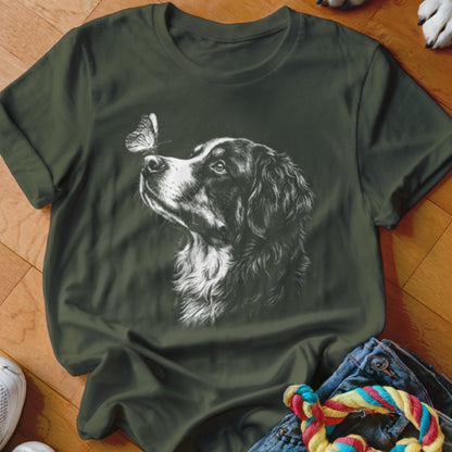 Olive green t-shirt featuring a white sketch of a dog looking at a butterfly on its nose.