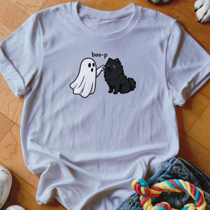 White t-shirt with cartoon ghost booping a black dog, text "boo-p".