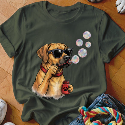 Dark green t-shirt featuring an illustration of a brown dog wearing sunglasses and blowing soap bubbles.