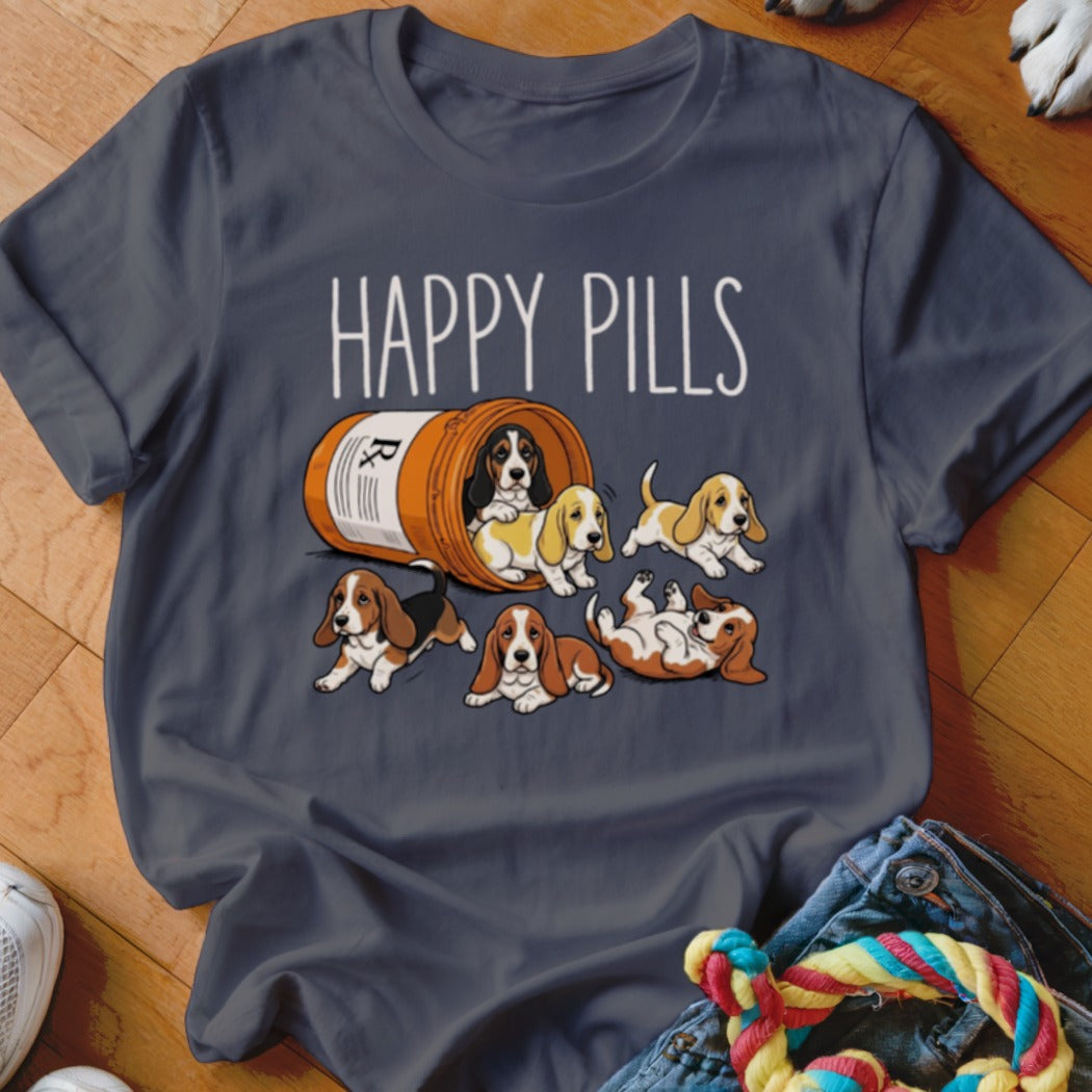 T-shirt with "Happy Pills" text and Basset Hound puppies spilling from a prescription bottle.