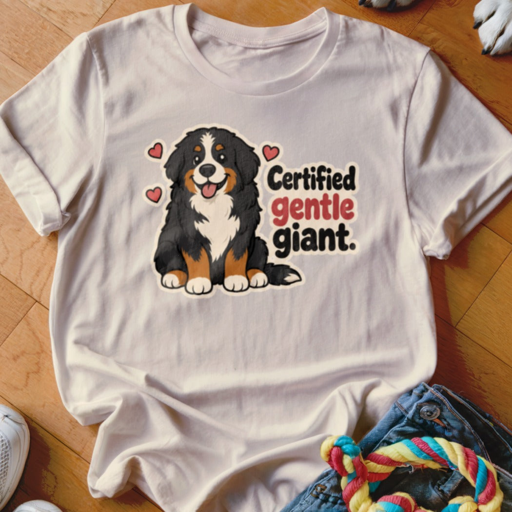 Bernese Mountain Dog graphic with "Certified gentle giant." text on white t-shirt.