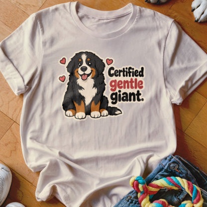Bernese Mountain Dog graphic with "Certified gentle giant." text on white t-shirt.