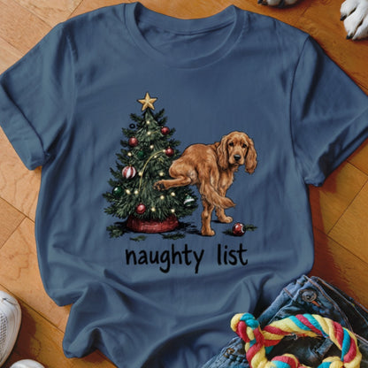 Brown dog by Christmas tree with text "naughty list"