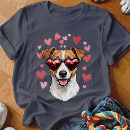A dark gray t-shirt featuring a graphic of a Jack Russell Terrier wearing heart-shaped sunglasses surrounded by pink hearts.