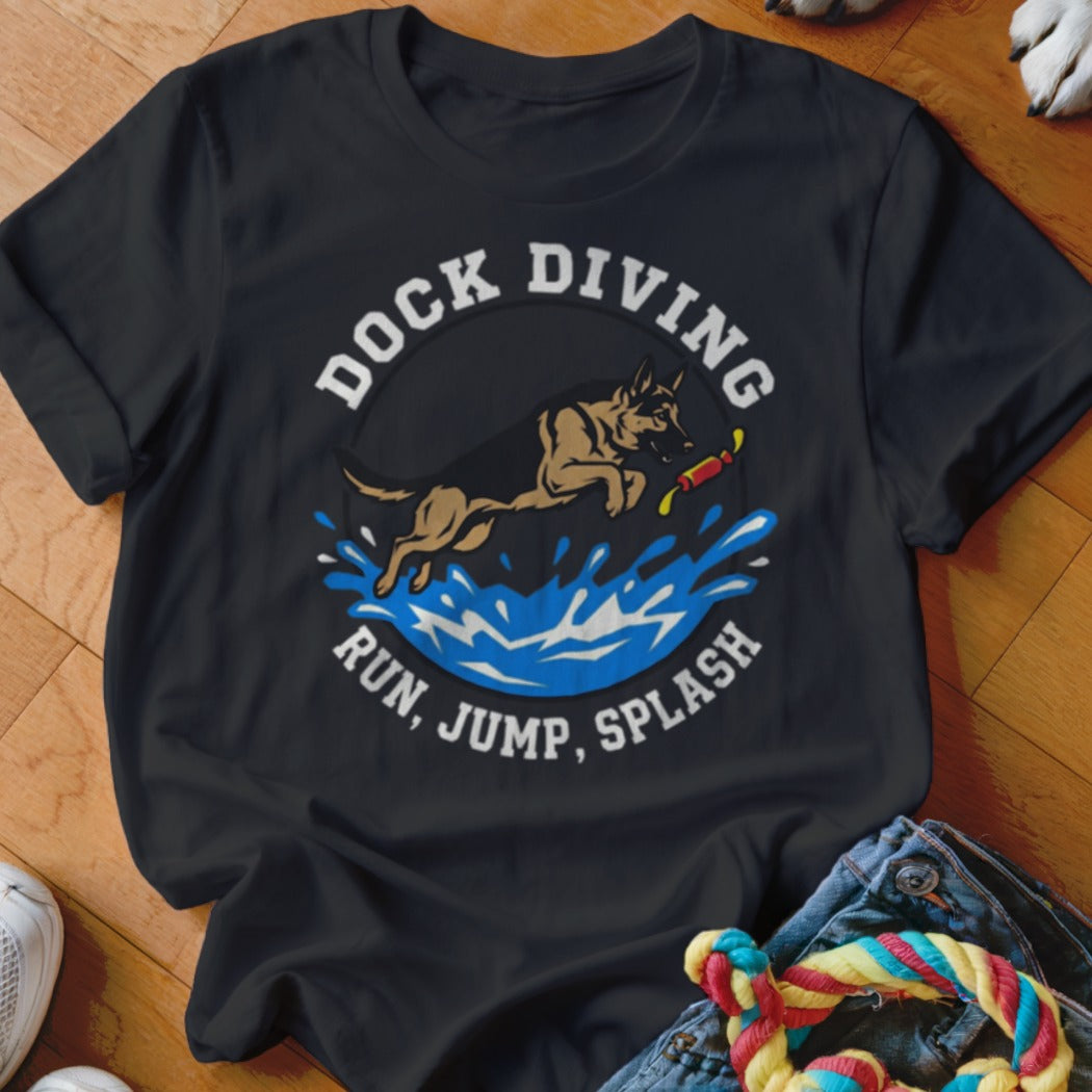 Black t-shirt with German Shepherd dock diving graphic and text.
