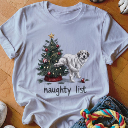 A white crewneck t-shirt featuring a graphic of a dog lifting its leg on a Christmas tree, with the text "naughty list" below.