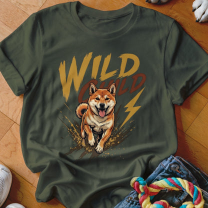 Dark green t-shirt with a graphic of a running Shiba Inu and the text WILD CHILD.