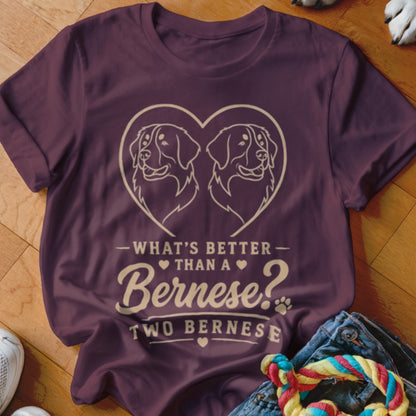 T-shirt with two Bernese Mountain Dogs inside a heart outline and text.