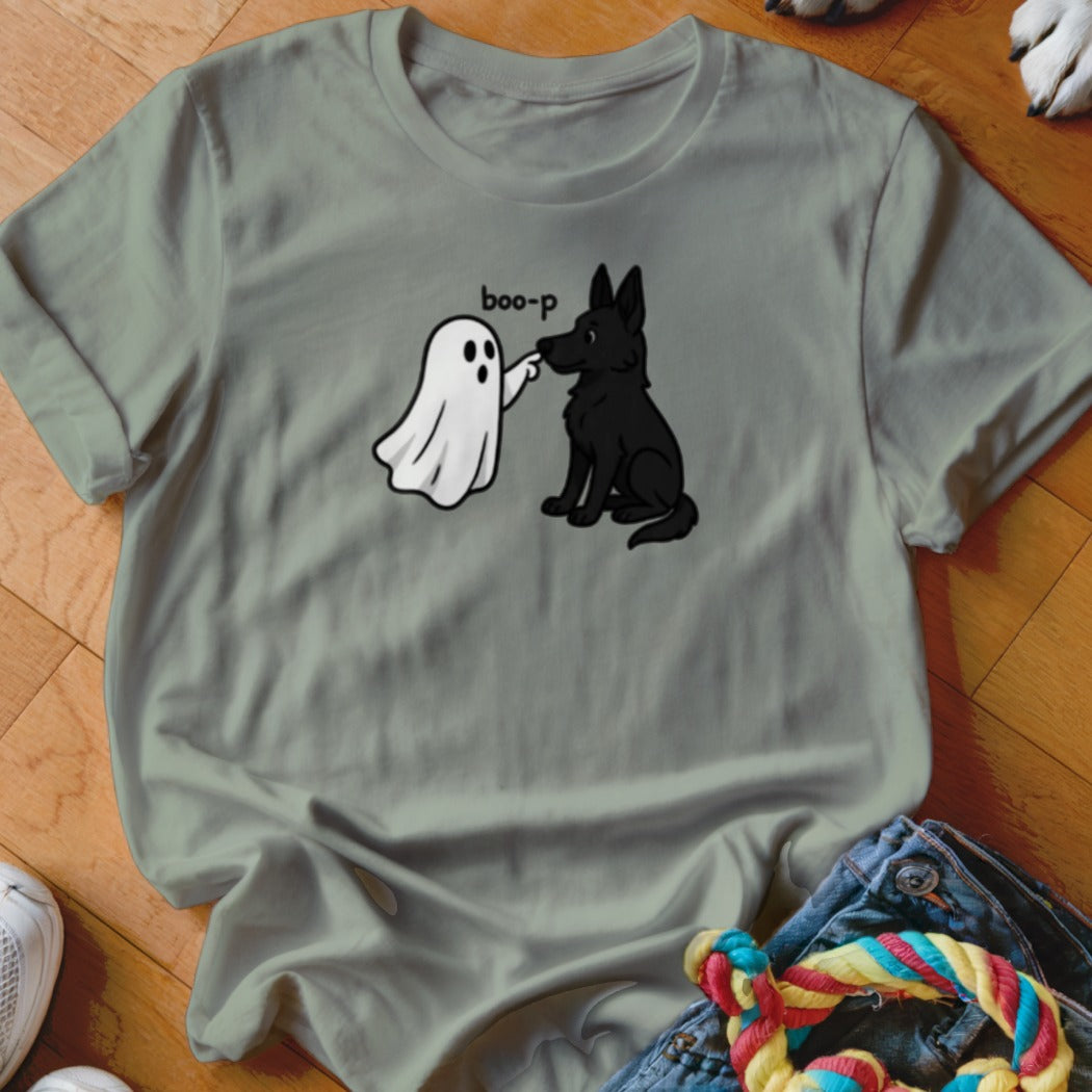 Ghost booping black dog's nose with "boo-p" text