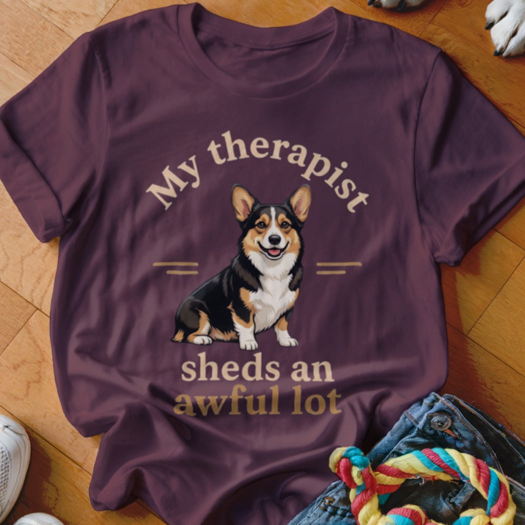 T-shirt with Corgi and text "My therapist sheds an awful lot".