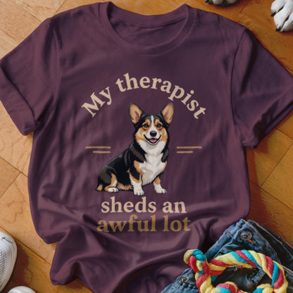 T-shirt with Corgi and text "My therapist sheds an awful lot".