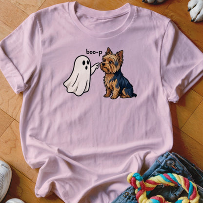 Pink t-shirt with a cartoon ghost saying "boop" to a Yorkshire Terrier dog.