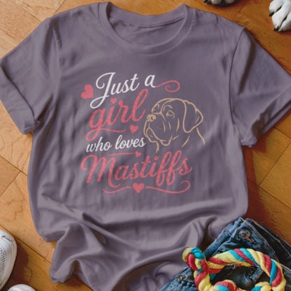 T-shirt with "Just a girl who loves Mastiffs" text and Mastiff dog outline.