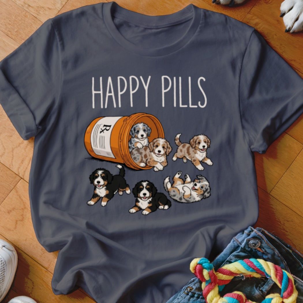 T-shirt with "Happy Pills" text and cartoon puppies spilling from a pill bottle.