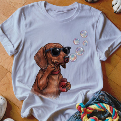 A white t-shirt featuring a graphic of a brown dachshund wearing sunglasses and blowing soap bubbles.