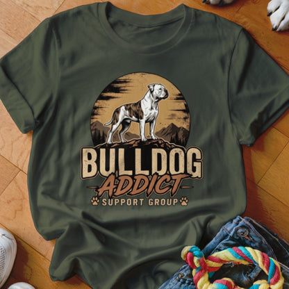 Dark green t-shirt featuring a bulldog graphic with mountains and the text Bulldog Addict Support Group.