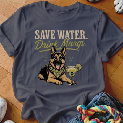 German Shepherd with "Save Water. Drink Margs." text and margarita.