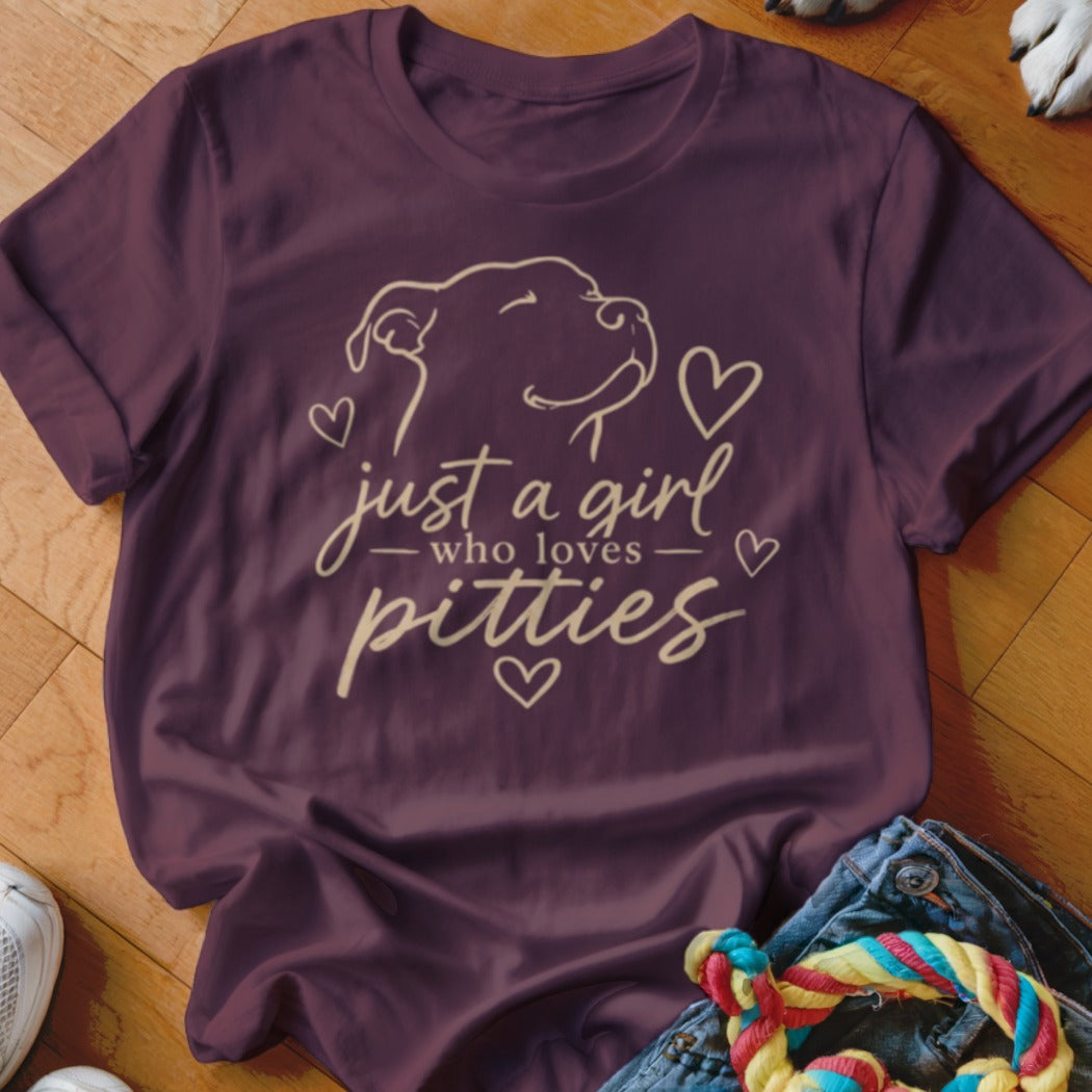 Maroon t-shirt with "just a girl who loves pitties" text and pit bull outline.