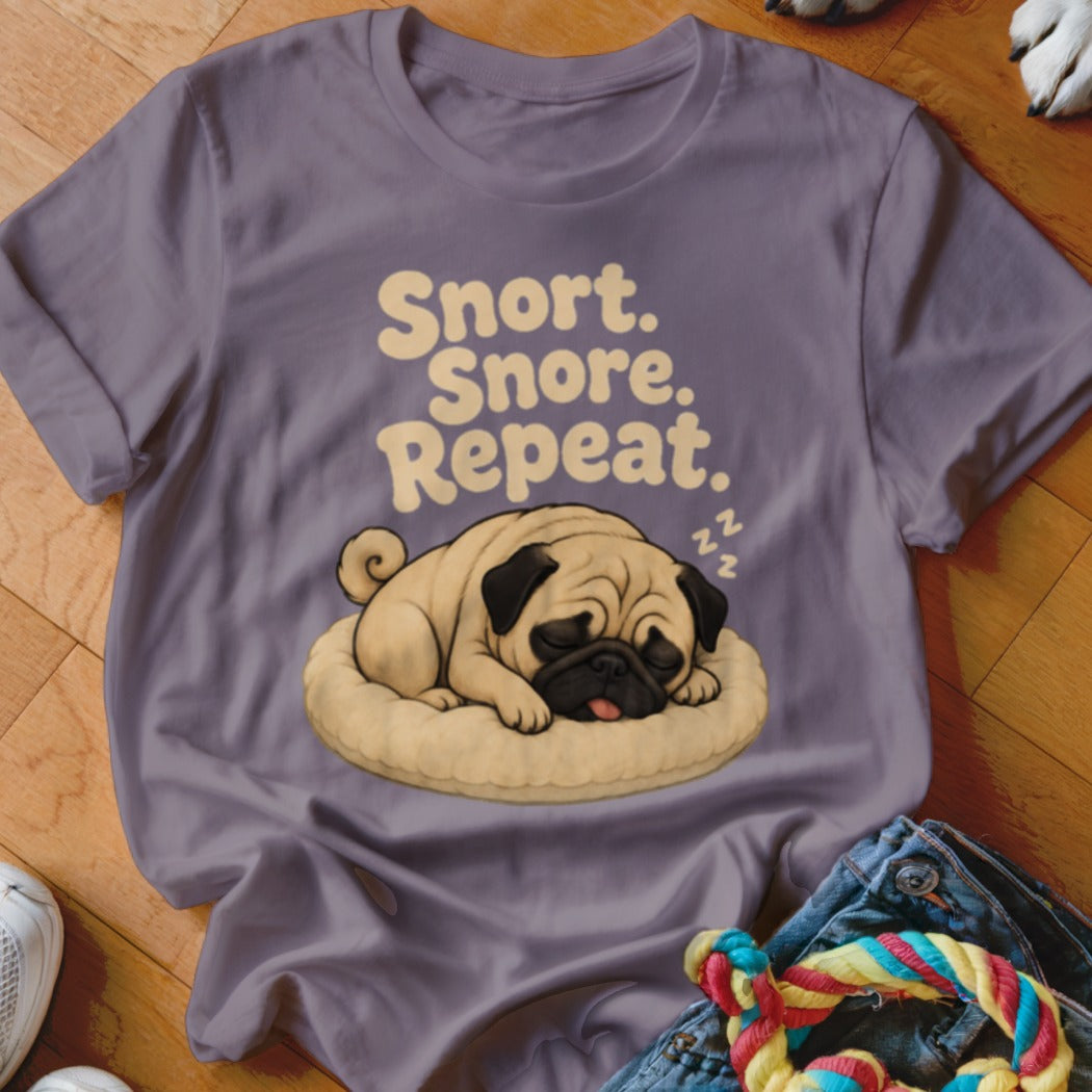 Purple t-shirt with a sleeping pug and text "Snort. Snore. Repeat."