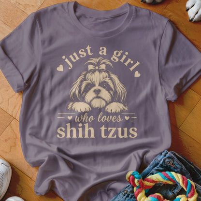Purple t-shirt with "just a girl who loves shih tzus" and dog graphic.