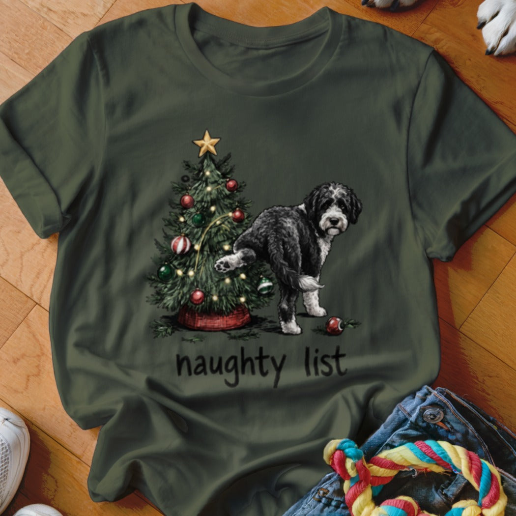 Dog near a Christmas tree with "naughty list" text.