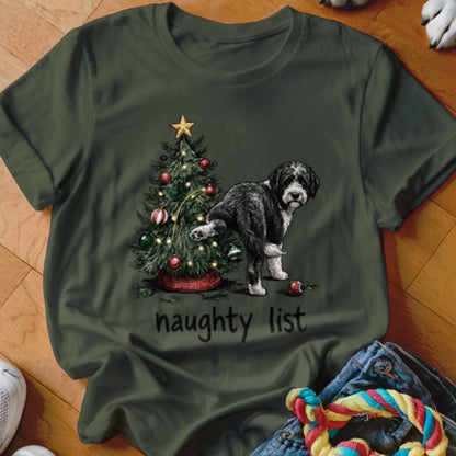 Dog near a Christmas tree with "naughty list" text.