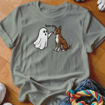 Ghost poking a dog with the text "boo-p" on a gray t-shirt.