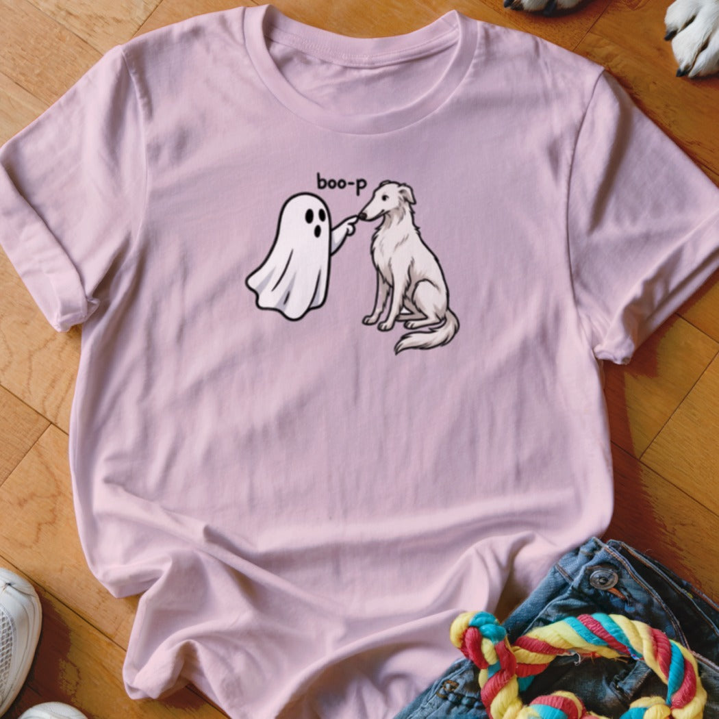 Pink t-shirt with a cartoon ghost booping a dog's nose, text "boo-p".