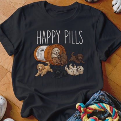 Black t-shirt with "HAPPY PILLS" and a prescription bottle filled with puppies.