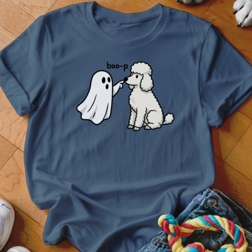 Cute cartoon ghost poking a white poodle with "boo-p" text.