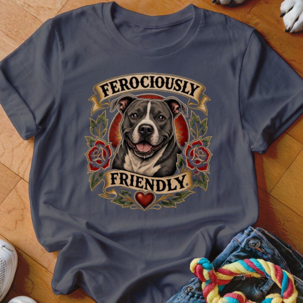 Dark grey t-shirt with a pit bull design that reads "Ferociously Friendly".