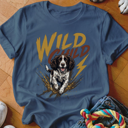 A blue t-shirt featuring a graphic of a running spaniel and the text Wild Child.