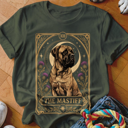 Dark green t-shirt featuring a tarot-style graphic of a Mastiff with purple thistles and the text The Mastiff.