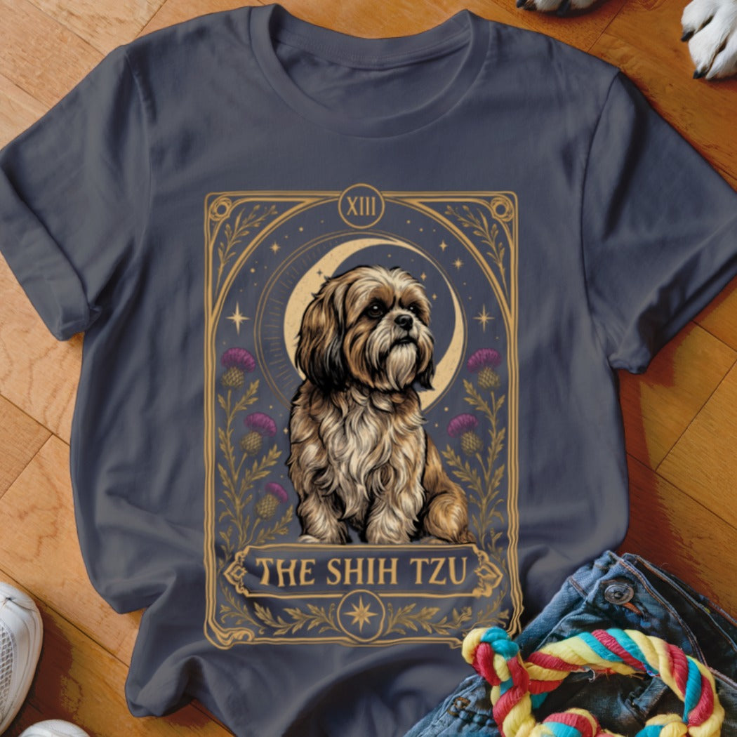 Dark grey crewneck t-shirt featuring a tarot card style graphic of a Shih Tzu.