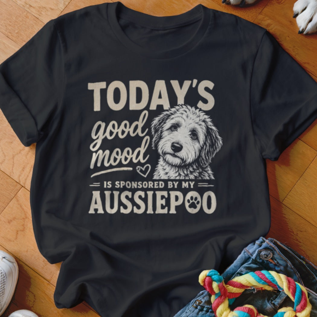 Black t-shirt with "Today's good mood is sponsored by my Aussiepoo" and a dog graphic.