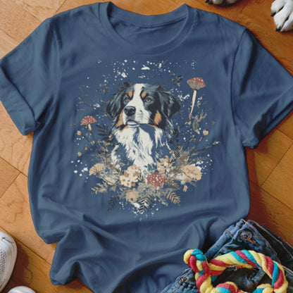 Bernese mountain dog portrait surrounded by floral and mushroom art on a navy blue t-shirt.