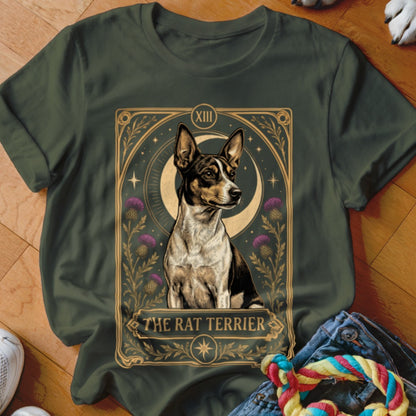 Olive green t-shirt featuring a tarot card graphic of a rat terrier, moon, and thistle flowers.