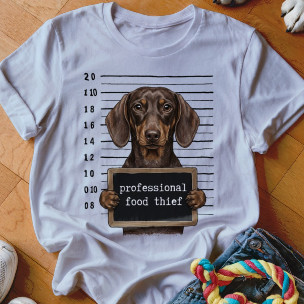 Dachshund mugshot with "professional food thief" sign on a white t-shirt.