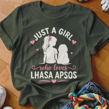 Olive green t-shirt with graphic of girl and Lhasa Apso dog, text "Just a girl who loves Lhasa Apsos".