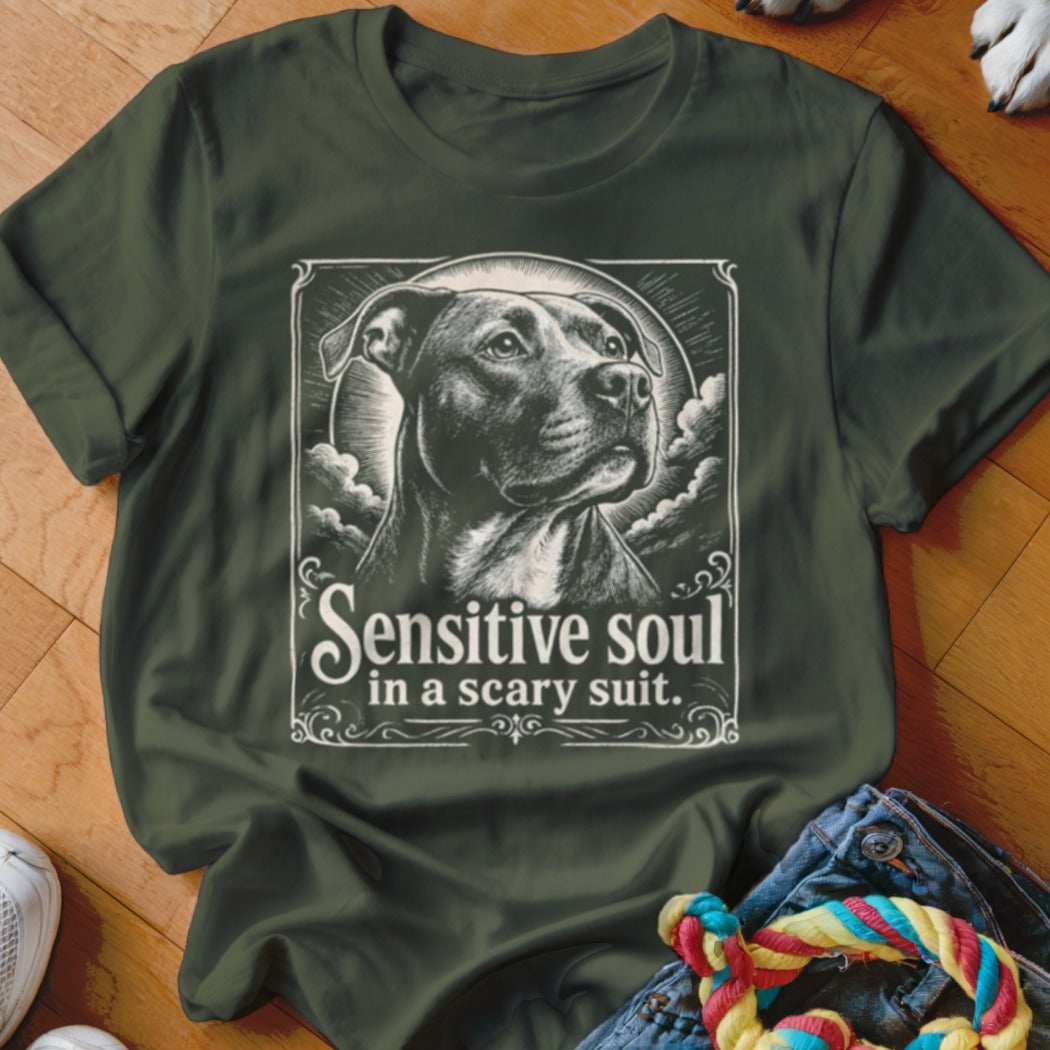 Dark green t-shirt featuring a pit bull portrait and "Sensitive soul in a scary suit." text.