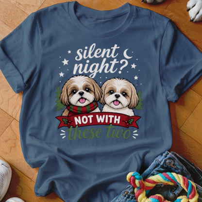 Two Shih Tzus with "Not with these two" text on a blue t-shirt.