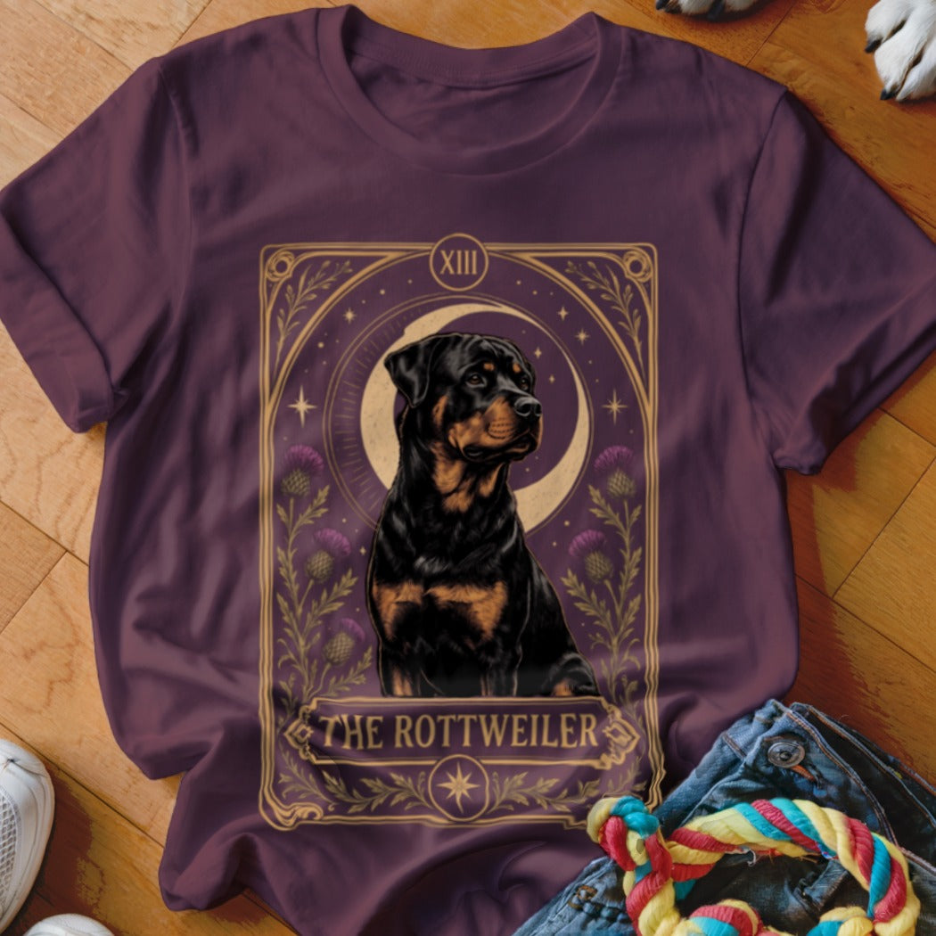 A dark purple t-shirt features a tarot-style graphic of a Rottweiler and the text THE ROTTWEILER.