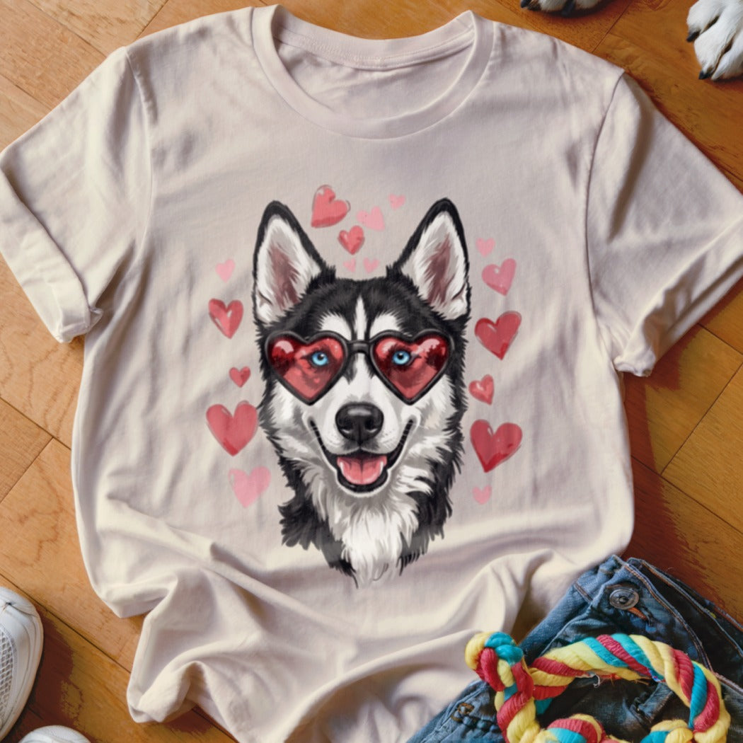 A light-colored t-shirt featuring a graphic of a husky wearing heart-shaped sunglasses, surrounded by pink hearts.