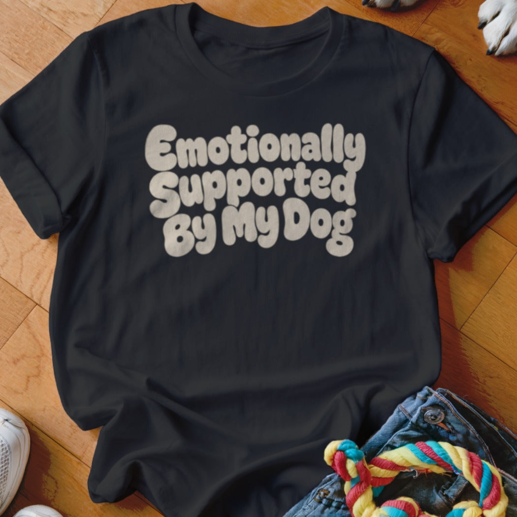 Black t-shirt with "Emotionally Supported By My Dog" text.