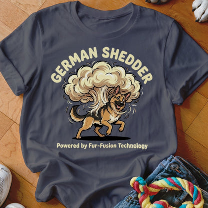 T-shirt with cartoon German Shepherd and text "German Shedder".