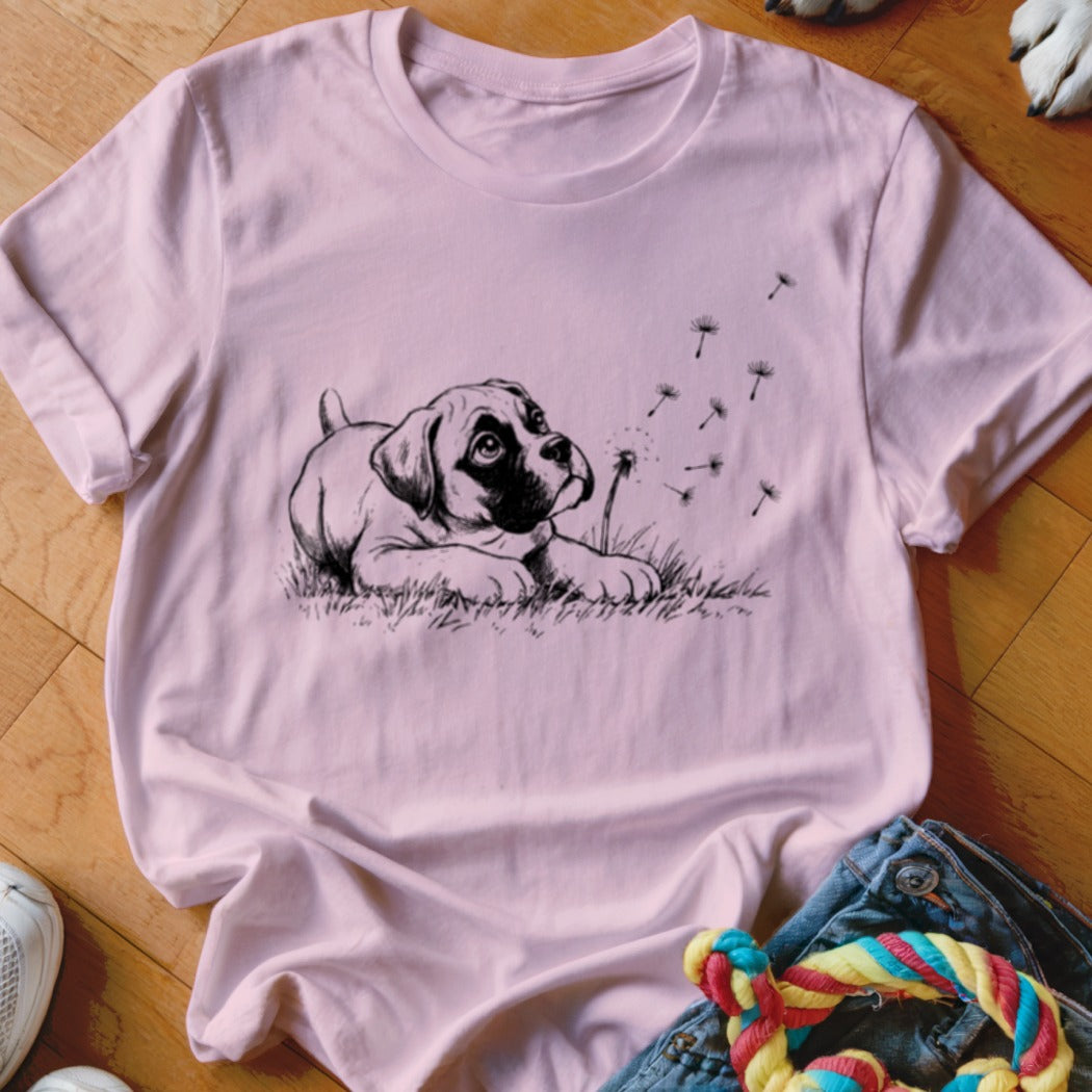 A light pink t-shirt features a black sketch of a puppy looking at blowing dandelion seeds.