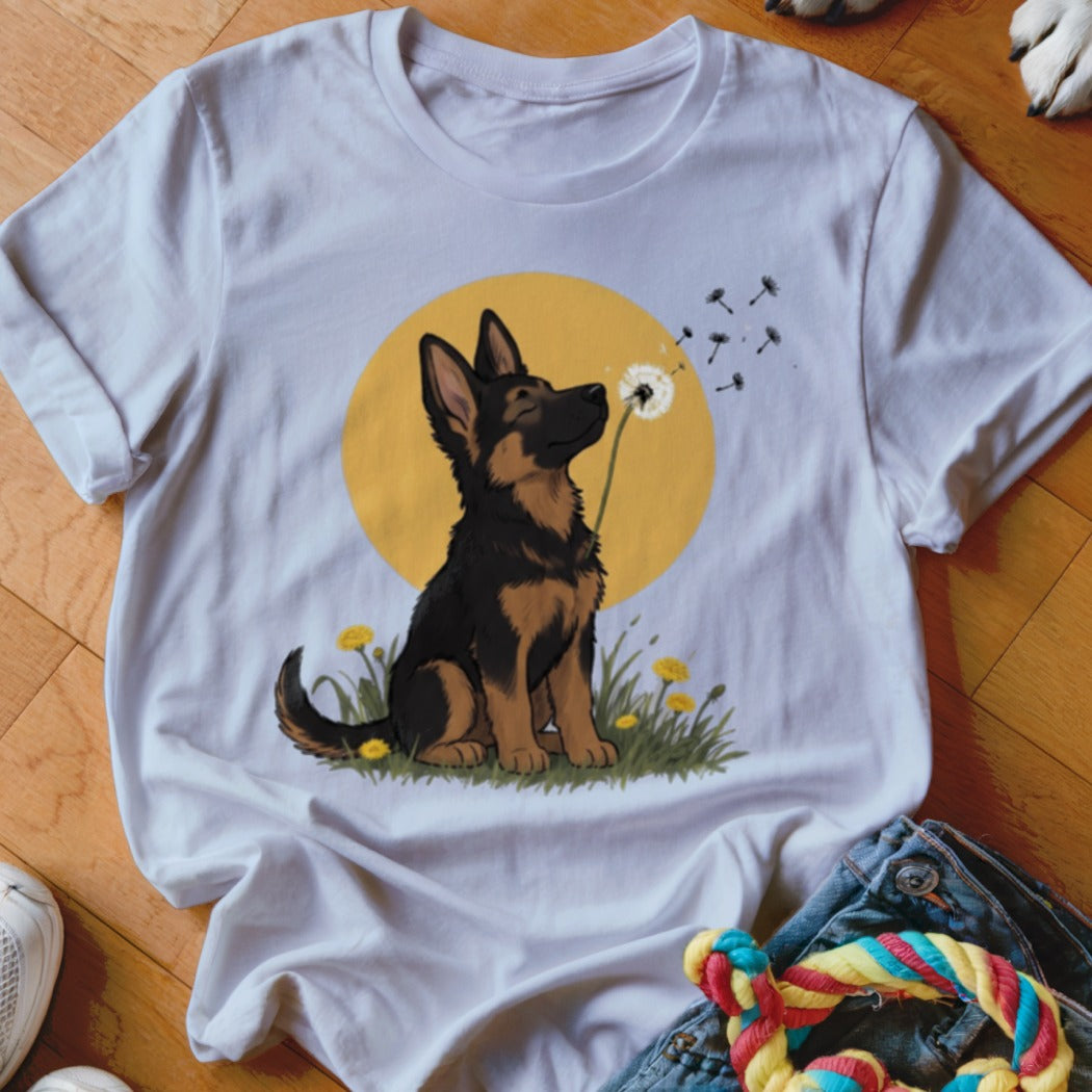 A white t-shirt featuring an illustration of a German Shepherd puppy blowing a dandelion against a yellow sun.